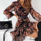 Retro Flowery Cinch-up Plunging Neckline Elevated Waist Frilled Flowery Dress