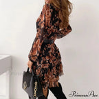 Retro Flowery Cinch-up Plunging Neckline Elevated Waist Frilled Flowery Dress