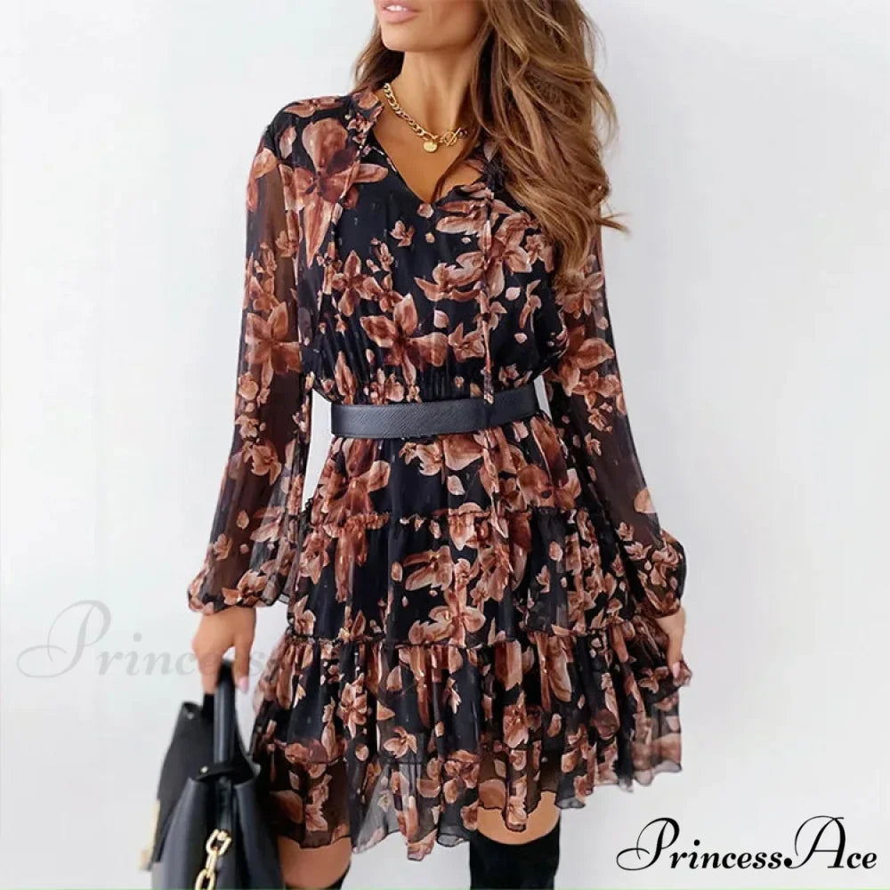 Retro Flowery Cinch-up Plunging Neckline Elevated Waist Frilled Flowery Dress