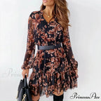 Retro Flowery Cinch-up Plunging Neckline Elevated Waist Frilled Flowery Dress