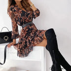 Retro Flowery Cinch-up Plunging Neckline Elevated Waist Frilled Flowery Dress