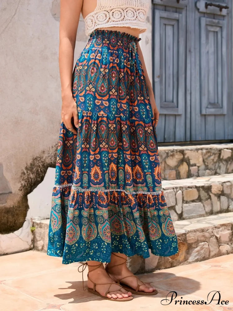 Retro Flowery Peacock Skirt Tall Stretchy Beach Bohemian A-line