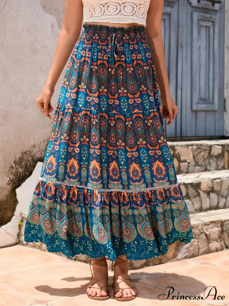 Retro Flowery Peacock Skirt Tall Stretchy Beach Bohemian A-line