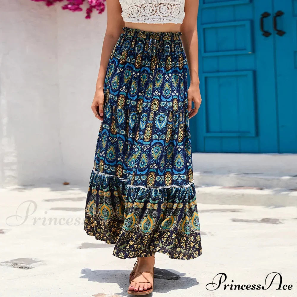 Retro Flowery Peacock Skirt Tall Stretchy Beach Bohemian A-line