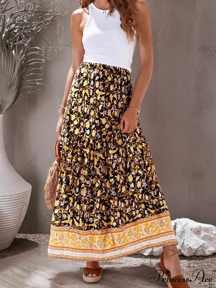 Retro Free-Spirited Women Flowered Printed Stretchy Seaside Bohemian Pleated Skirt