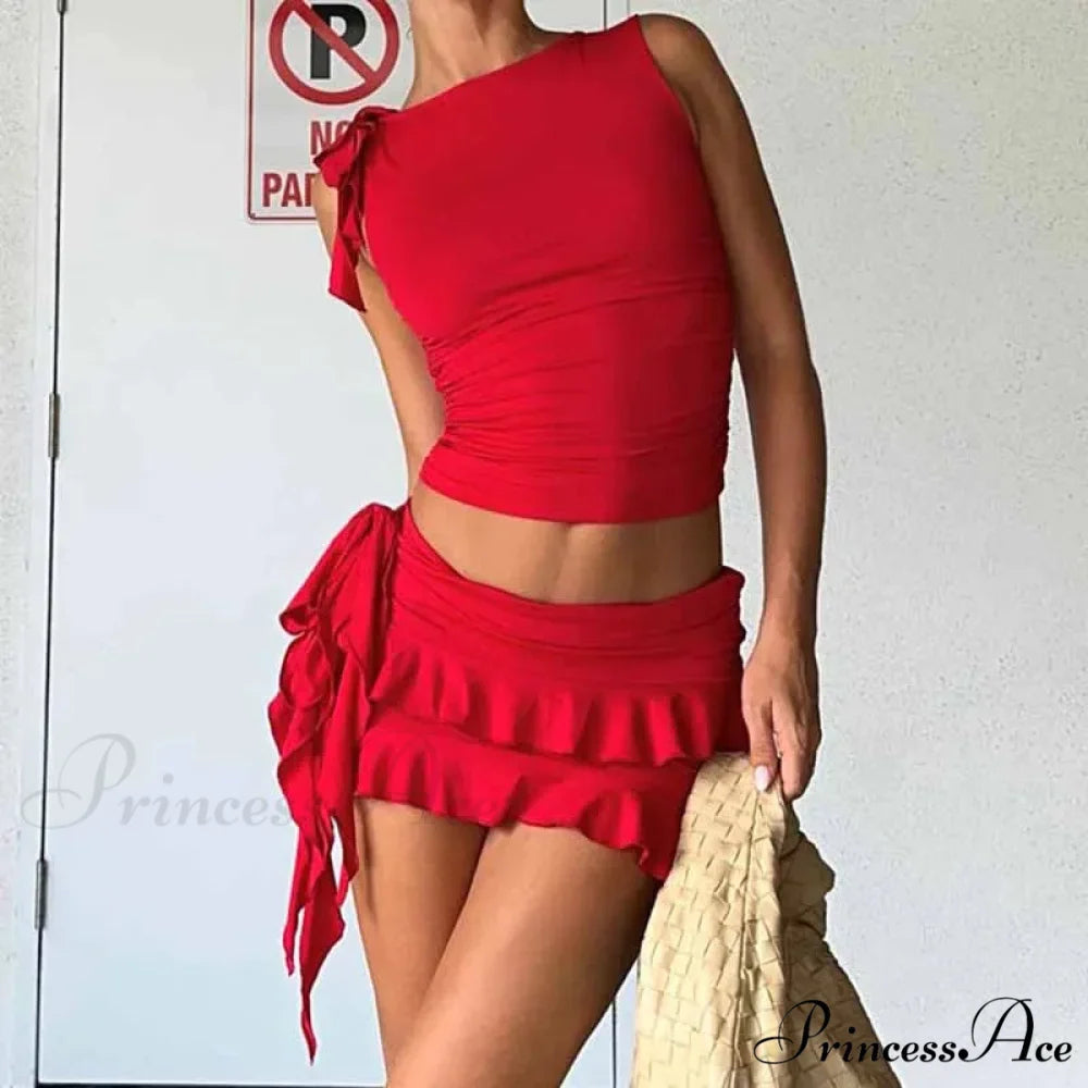 Retro Frilled Edge Tie Up Crop Top + Gathered Tiered Frills Mini Skirt Coquette 2 Piece Set Women Club Party Streetwear Outfits