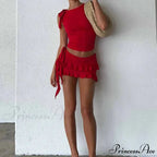 Retro Frilled Edge Tie Up Crop Top + Gathered Tiered Frills Mini Skirt Coquette 2 Piece Set Women Club Party Streetwear Outfits