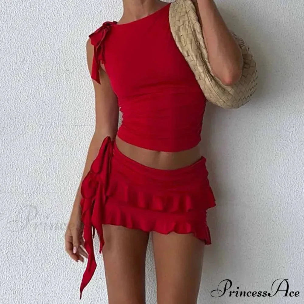 Retro Frilled Edge Tie Up Crop Top + Gathered Tiered Frills Mini Skirt Coquette 2 Piece Set Women Club Party Streetwear Outfits