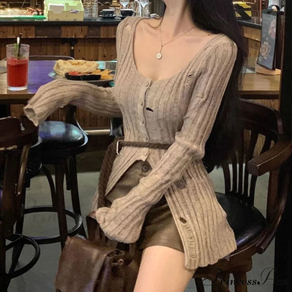 Retro Knitted Spring Long Sleeve Button Closure Slim Knit Top