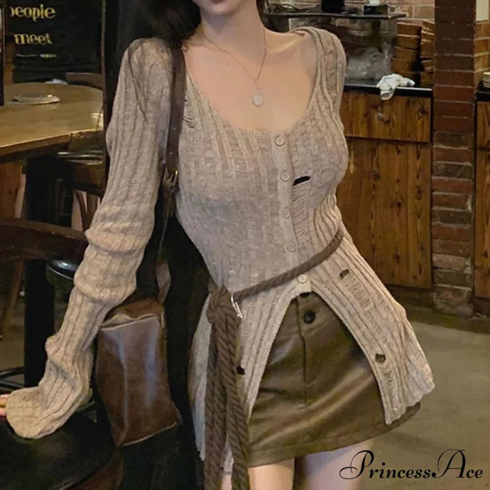 Retro Knitted Spring Long Sleeve Button Closure Slim Knit Top