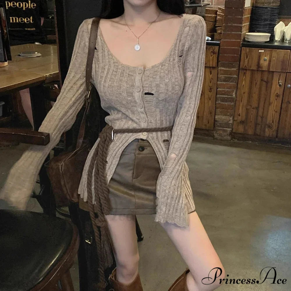 Retro Knitted Spring Long Sleeve Button Closure Slim Knit Top