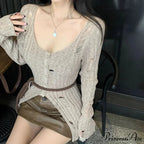 Retro Knitted Spring Long Sleeve Button Closure Slim Knit Top