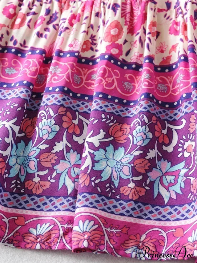 Retro Ladies Fringe Stretchy Bohemian Rose Floral Patterned Holiday Beach Skirt