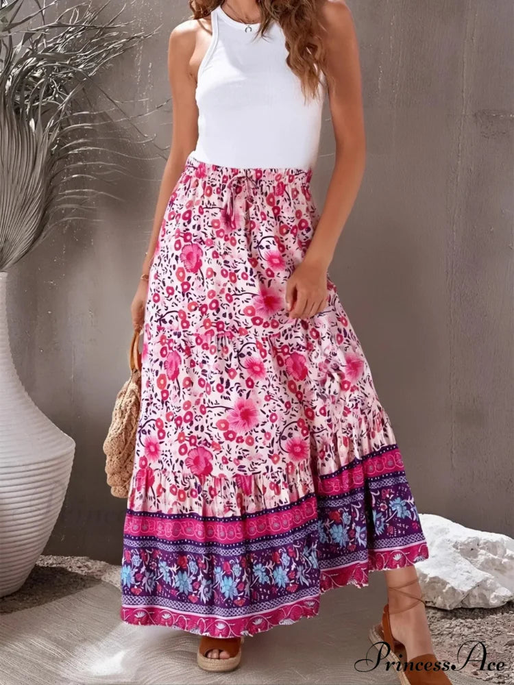 Retro Ladies Fringe Stretchy Bohemian Rose Floral Patterned Holiday Beach Skirt