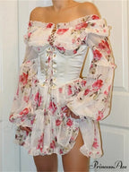 Retro Off-The-Shoulder Flared Bandage Floral Dress