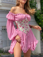 Retro Off-The-Shoulder Flared Bandage Floral Dress