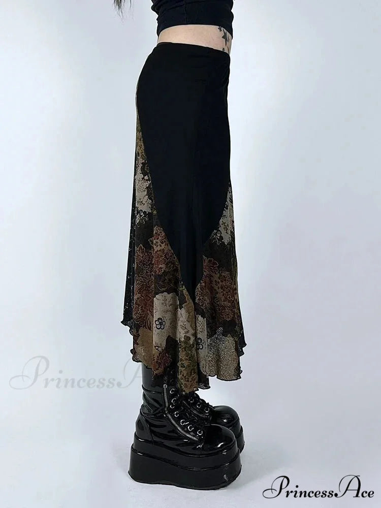 Retro Patchwork Floral Mesh Skirt Vacation Informal