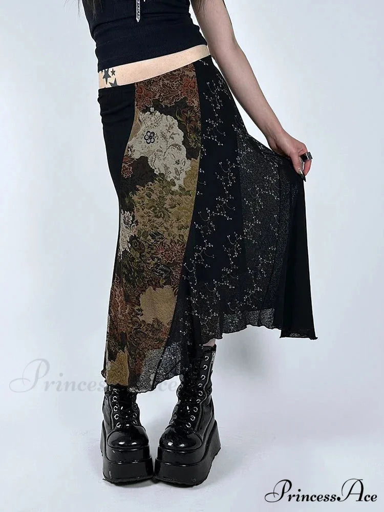 Retro Patchwork Floral Mesh Skirt Vacation Informal