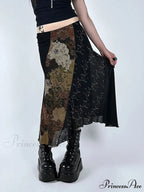Retro Patchwork Floral Mesh Skirt Vacation Informal