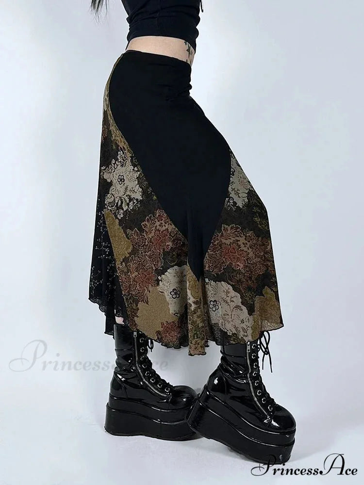 Retro Patchwork Floral Mesh Skirt Vacation Informal
