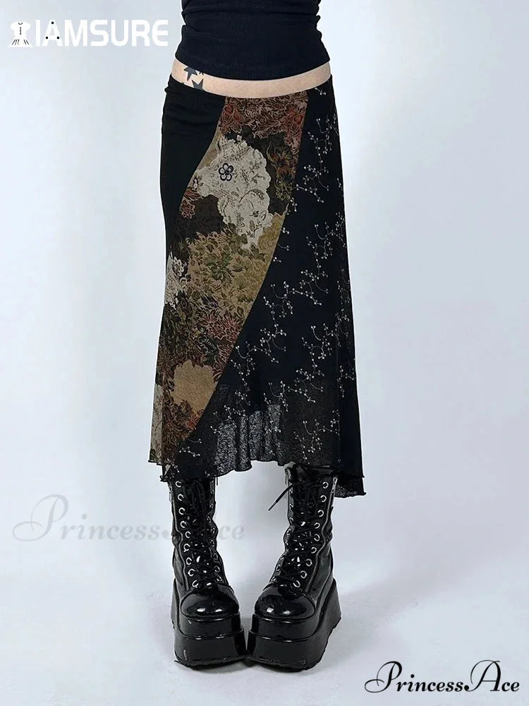Retro Patchwork Floral Mesh Skirt Vacation Informal