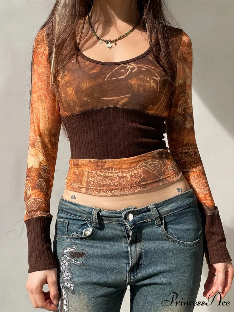 Retro Patchwork Mesh Transparent Slim Square Neck Long Sleeve Knit Top