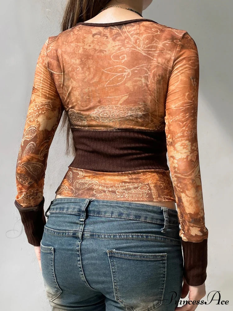 Retro Patchwork Mesh Transparent Slim Square Neck Long Sleeve Knit Top