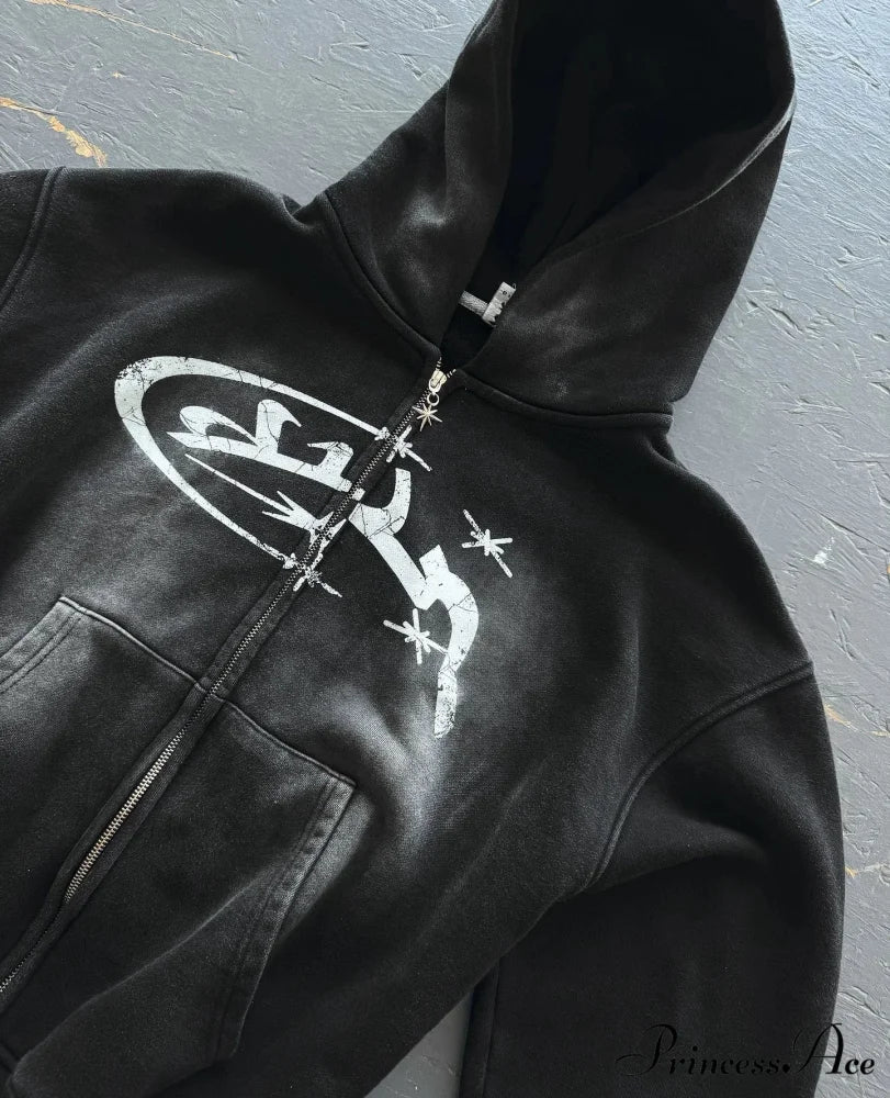 Retro Print Zip Up Hoodie