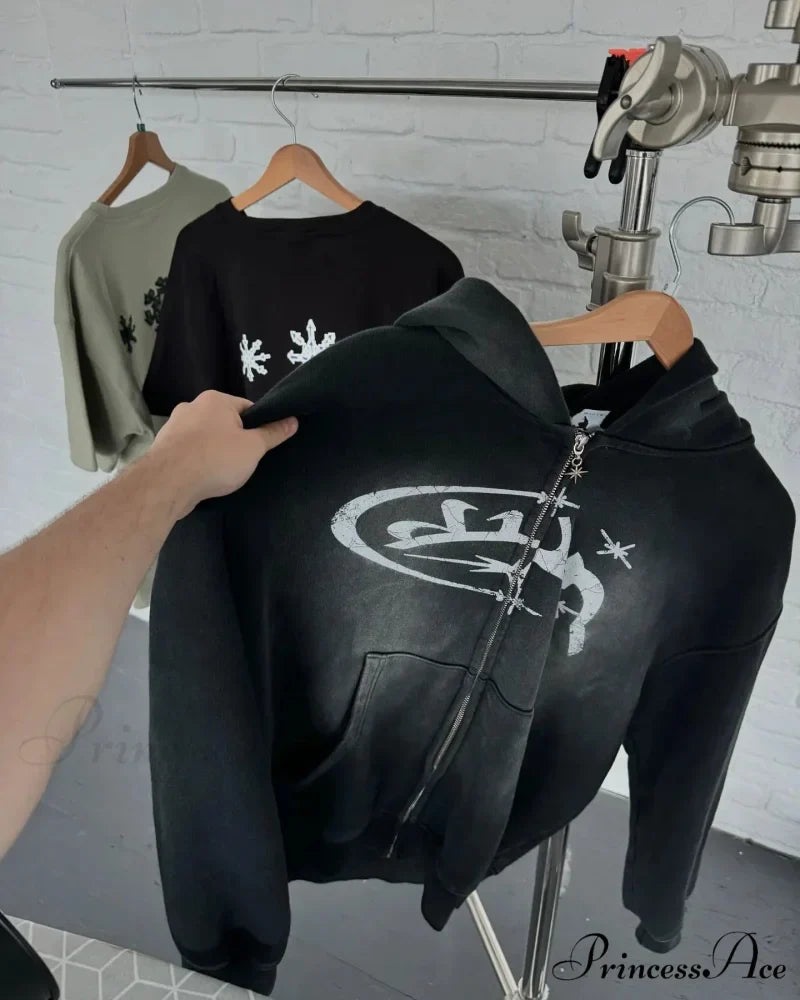 Retro Print Zip Up Hoodie