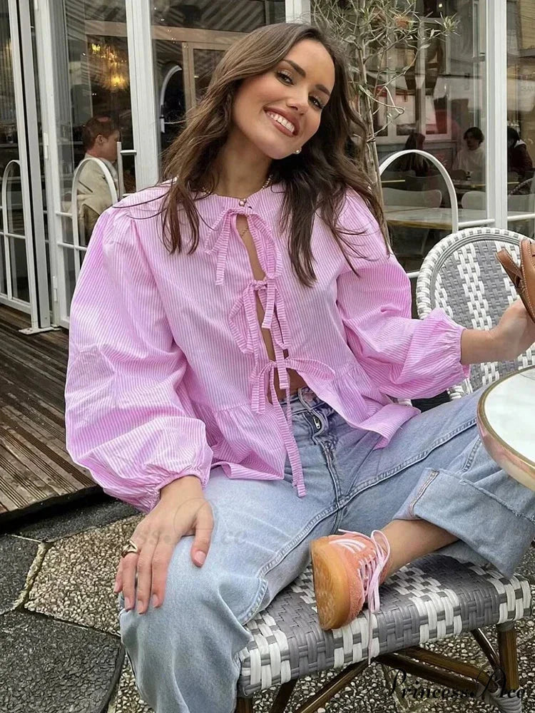 Retro Puff Sleeve Ribbon Button Blouse