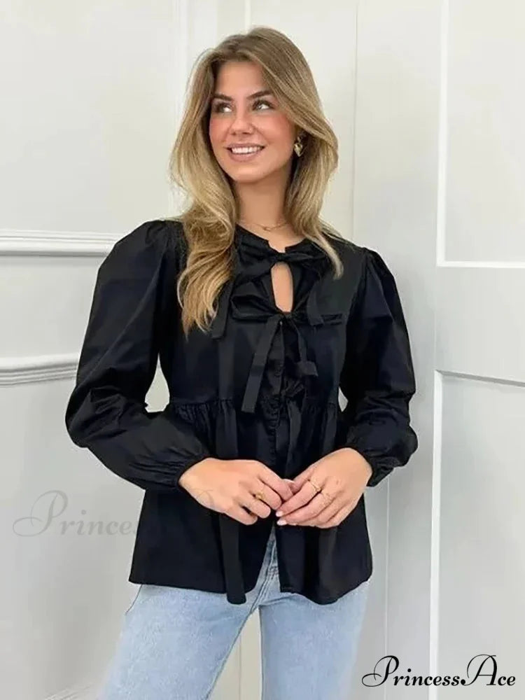 Retro Puff Sleeve Ribbon Button Blouse