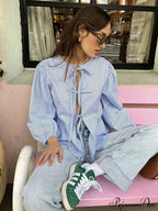 Retro Puff Sleeve Ribbon Button Blouse