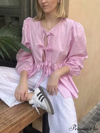 Retro Puff Sleeve Ribbon Button Blouse