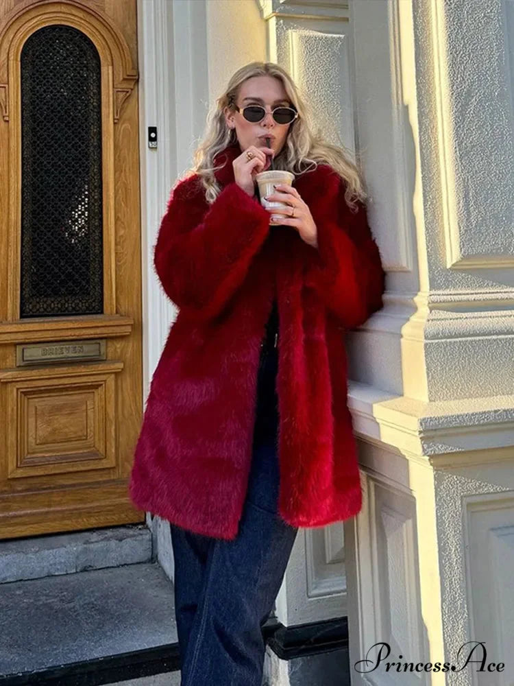 Retro Red Faux Fur Coat