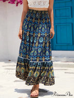 Retro Seaside Bohemian Flower Pattern Stretchy Waist A-Line Skirt