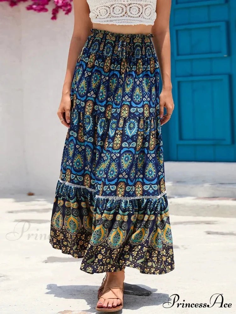 Retro Seaside Bohemian Flower Pattern Stretchy Waist A-Line Skirt