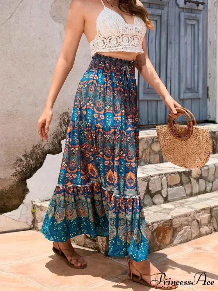 Retro Seaside Bohemian Flower Pattern Stretchy Waist A-Line Skirt
