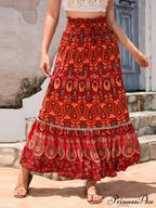 Retro Seaside Bohemian Flower Pattern Stretchy Waist A-Line Skirt