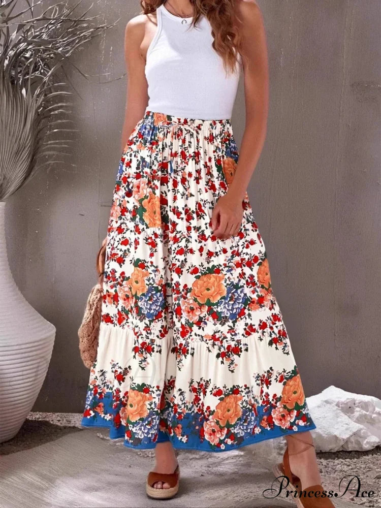 Retro Seaside Floral Free-Spirited High Waist Boho Maxi Skirt Woman