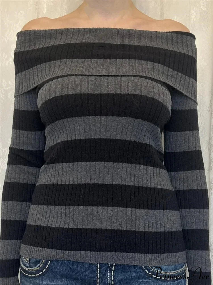 Retro Slash Neck Off Shoulder RibbedLong Sleeve T-shirts