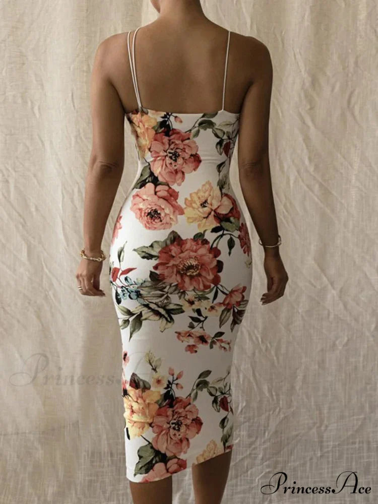 Retro Sleek Bodycon Spaghetti Strap Maxi Floral Dress