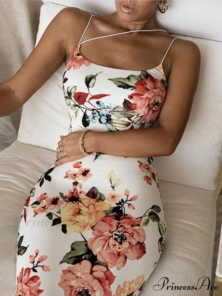 Retro Sleek Bodycon Spaghetti Strap Maxi Floral Dress