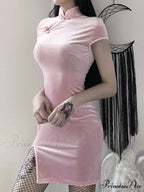 Retro Split Button Bodycon Cheongsam Mini Elegant Gothic Velvet Solid Black Red Pink Dress