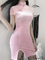 Retro Split Button Bodycon Cheongsam Mini Elegant Gothic Velvet Solid Black Red Pink Dress