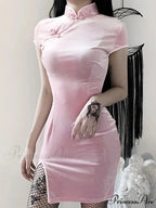 Retro Split Button Bodycon Cheongsam Mini Elegant Gothic Velvet Solid Black Red Pink Dress