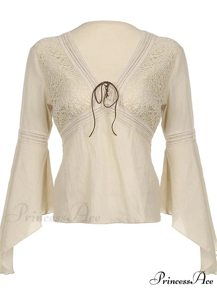 Retro Spring Autumn y2k Fairycore V-neck Long Flare Sleeve T-shirts