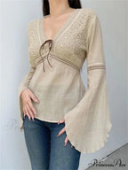 Retro Spring Autumn y2k Fairycore V-neck Long Flare Sleeve T-shirts