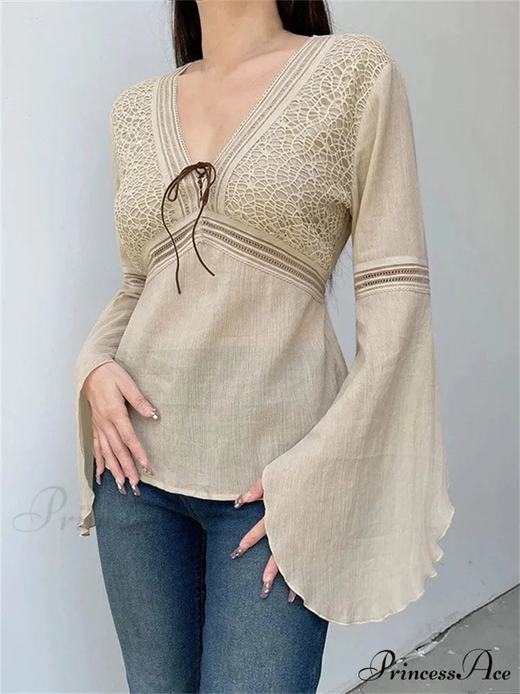 Retro Spring Autumn y2k Fairycore V-neck Long Flare Sleeve T-shirts