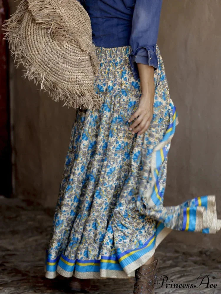 Retro Style Cultural Floral Pattern Shoreline Free-Spirited Irregular A-Line Boho Skirt