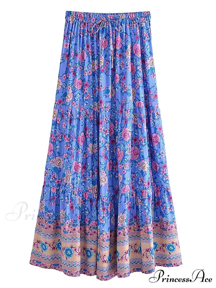 Retro Style Seaside Flower Pattern Bohemian Skirt Strong Stretch A-Line Boho
